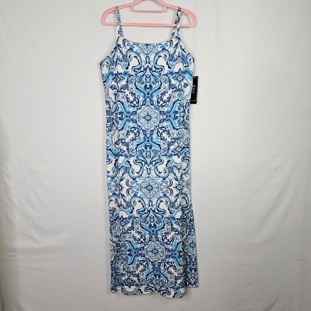 NWT MSK Linen Midi Dress size L 12-14 SPELLBOUND BLUE & WHITE FLORAL Summer Cute - Picture 4 of 12